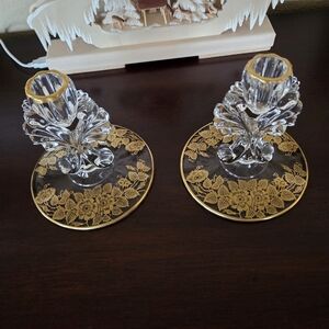 Pair Of New Martinsville "Janice" Candle Holders 22k Gold Overlay